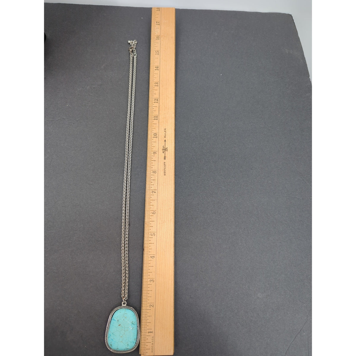 Vintage Fashion Large Faux Turquoise Slab Pendant SilverTone Rope Chain Necklace