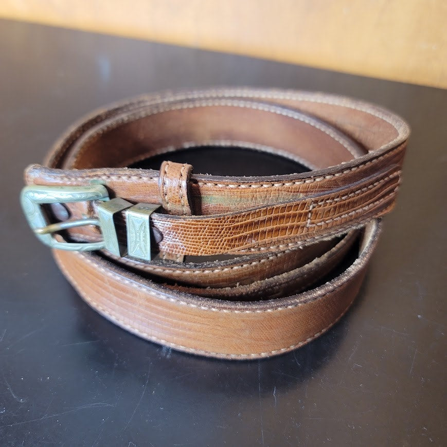 Vintage Dun Dee Brown embossed Snake Ranger Belt Overlay strap gold Size 44