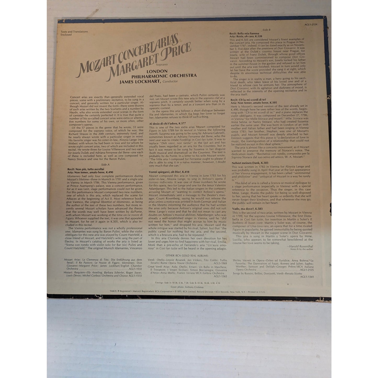 Vintage Margaret Price Mozart Concert Arias RCA Gold Seal AGL1-2124 Stereo LP