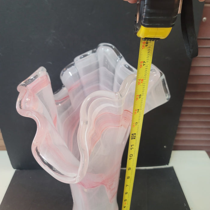 Murano art glass large vase End-of-day Slag White Pink Handkerchief Ruffle