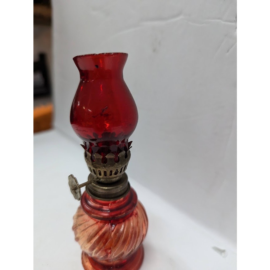 Vintage GLASS miniature oil hurricane lamp textured 1960s Flash painted Red