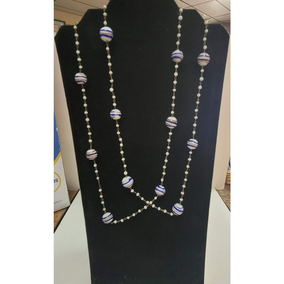 Vintage Single Strand Necklace Large Glass Beads with small 26" long Blue Gold