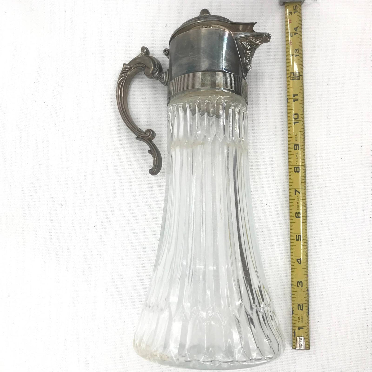 Antique Glass Cooling Ewer Pitcher With Silver Plate Lid Carafe Single Handle