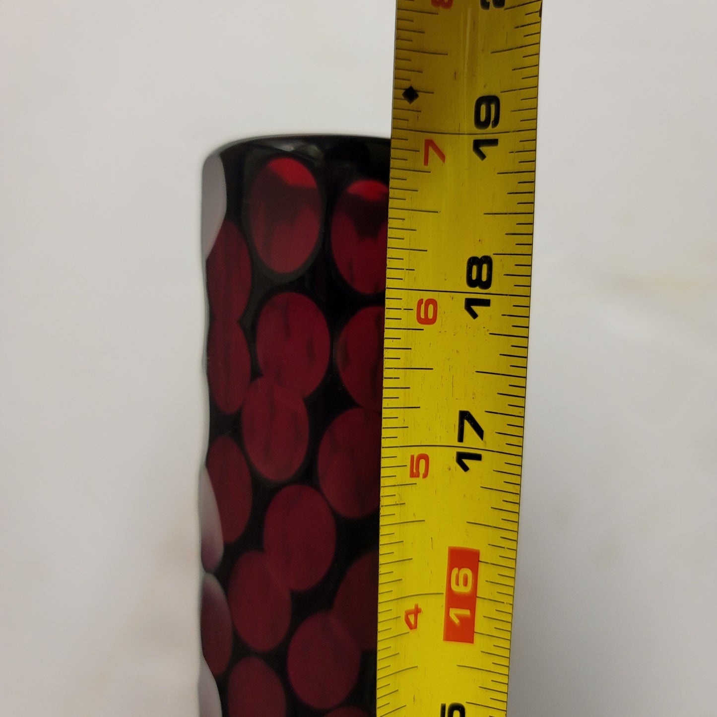 Glass hand blown 19" Deep Ruby Blood Red vase Plucked top Pontil Thumbprint