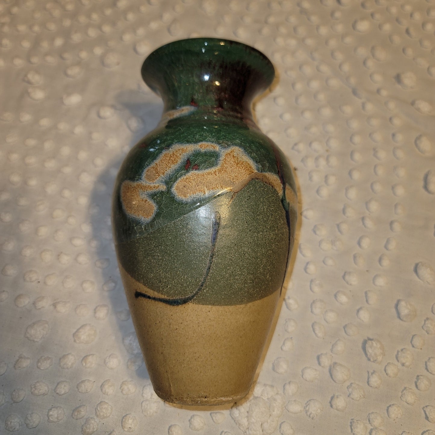 Art pottery raku vase handmade Signed Approx. 7.5" tall Clay Green Brown