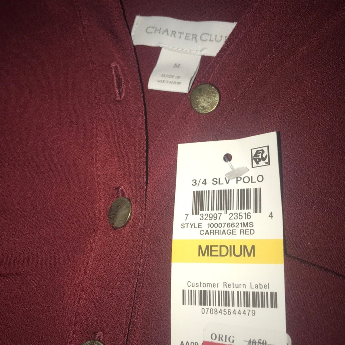 Charter Club Maroon Collared 3/4 Sleeve Casual Top Medium New 1/4 Zip Blouse