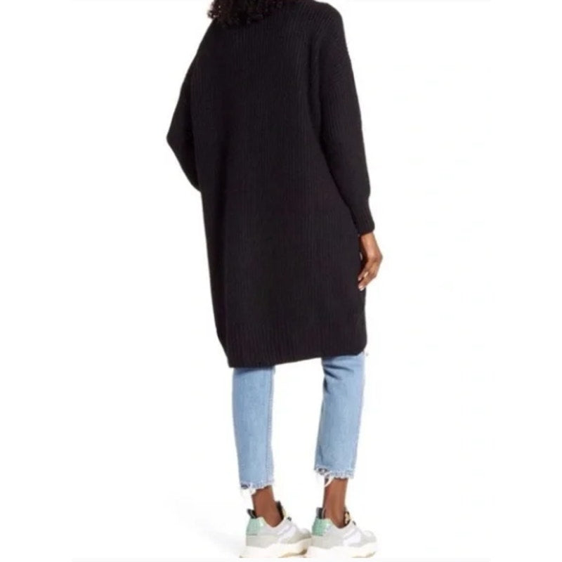 TOPSHOP Black Rib Trim Open Front Cardigan US 14 Oversized knee length UK-XL