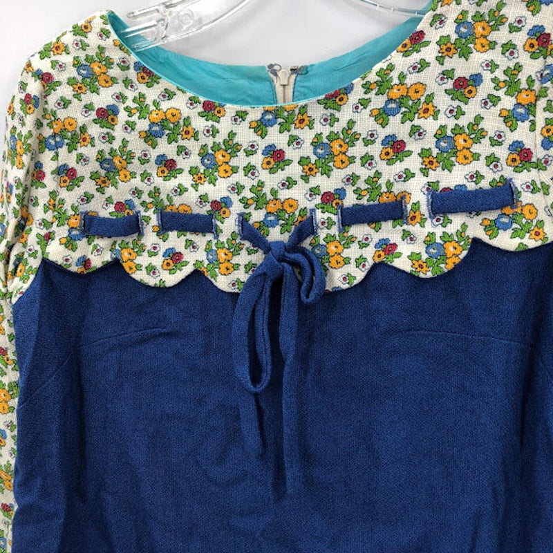 Vintage Blue Floral Dress Heavy Fabric XS 1960s long sleeve MOD
