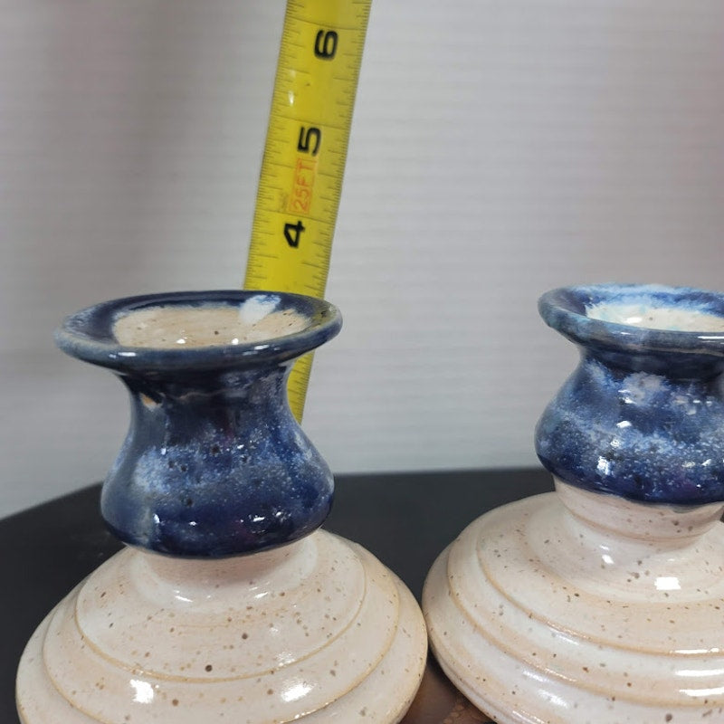 Vintage Handmade Blue Drip Glaze Candlestick Holders – Set of 2