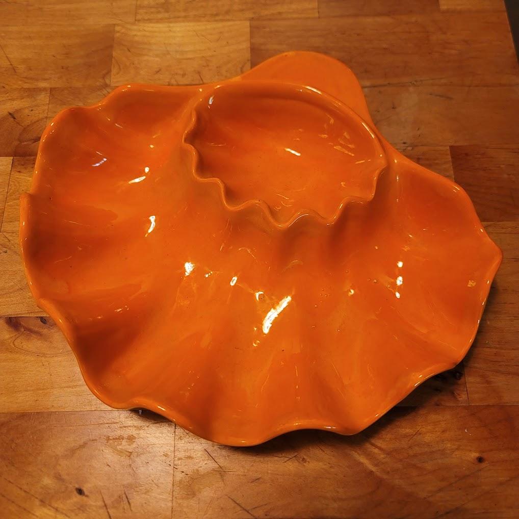 Vintage Orange Splatterware Chip Dip Clamshell Shaped Bowl Ceramic 1970s