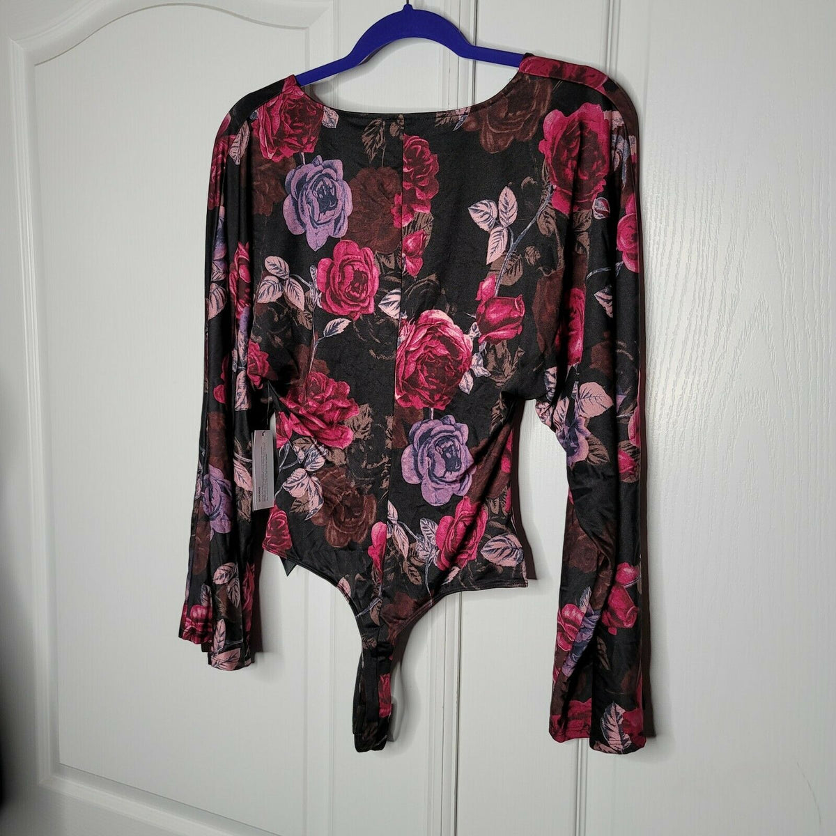 Guess Thong Bodysuit Top Blouse Kimono Sleeves Floral Jazzi Printed Black Size XL
