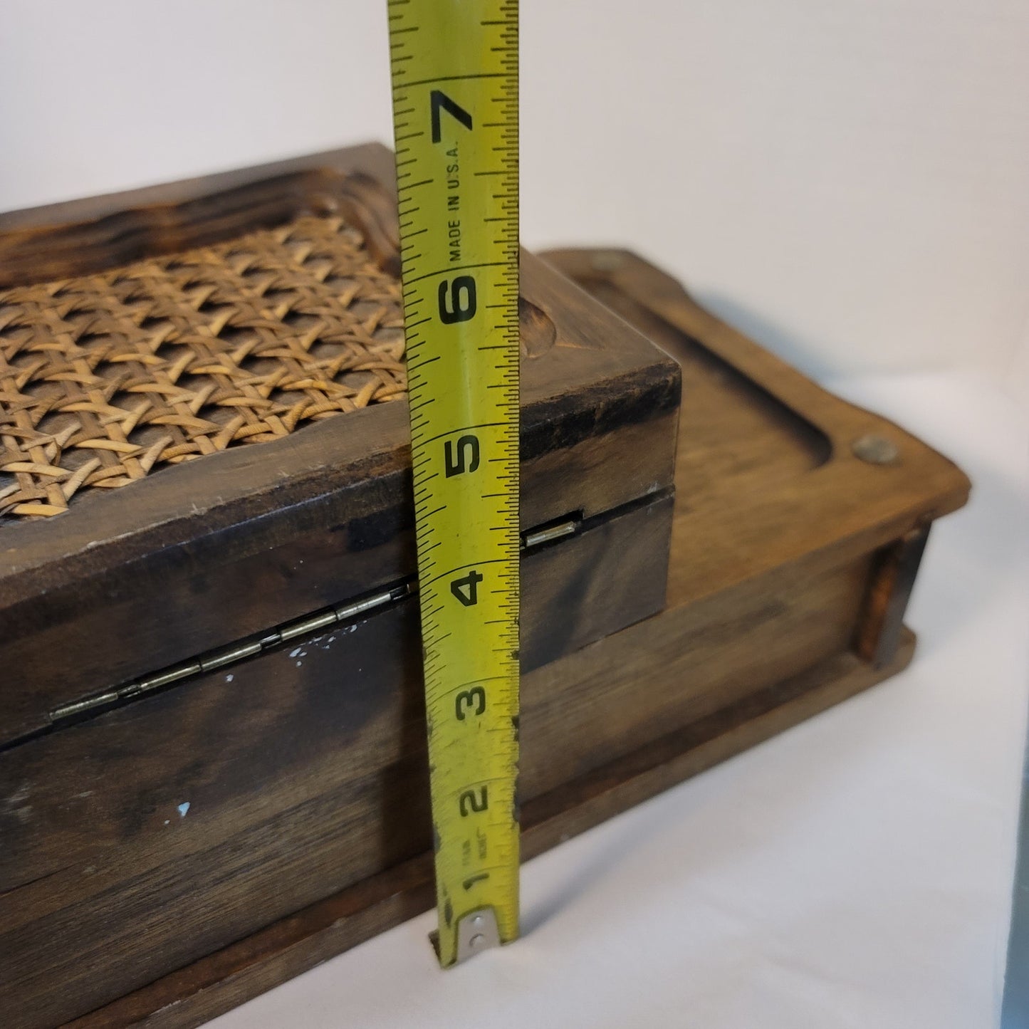 MCM tabletop valet Jewelry box Trinket Box Wood Rattan Vintage Watches rings