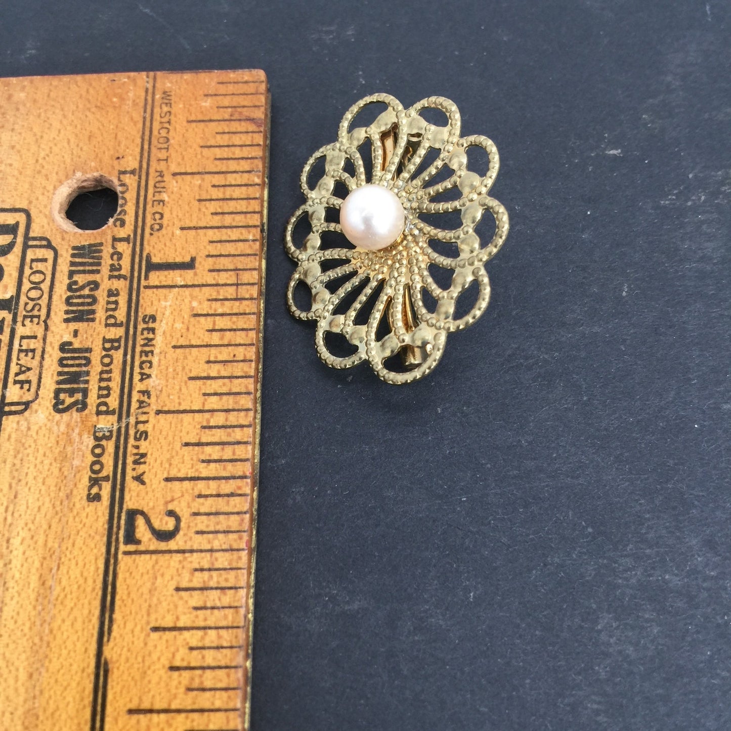 Vintage Golden Brooch Spiral Oval Faux Pearl Center Filigree Pin