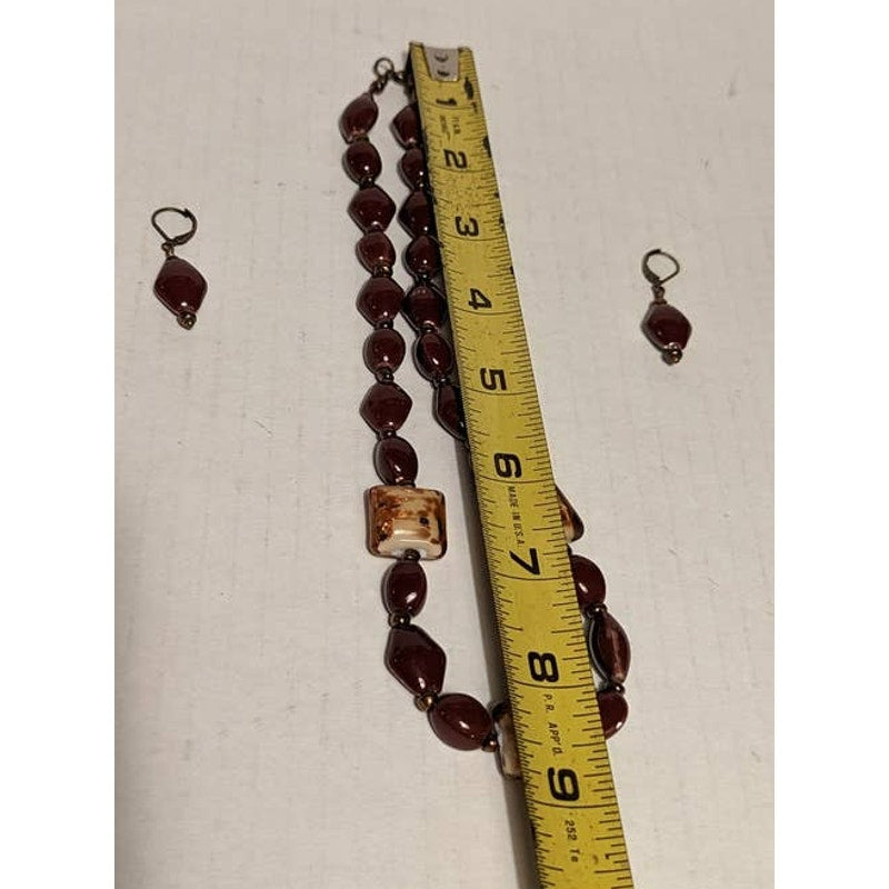 Vintage Set Reddish Orange Glass Beaded Necklace with Latch Drop Earrings