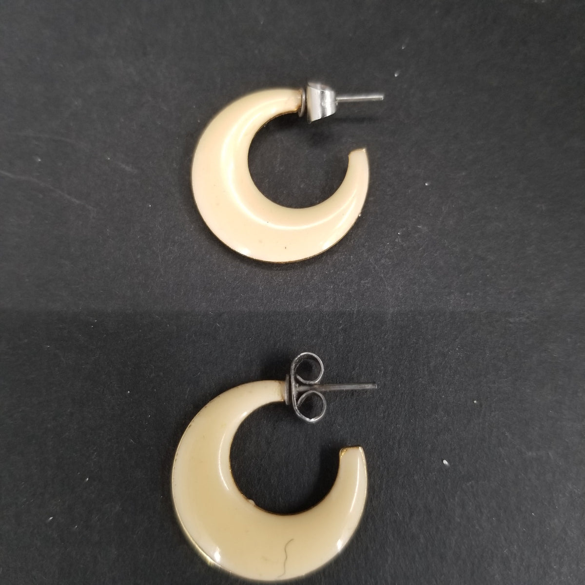 Vintage Tan Enamel Hoops with Golden Edging Crescent Moon Shape