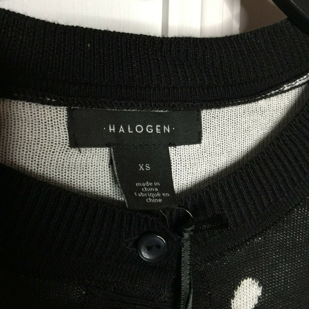 Halogen Crewneck Front Button Cardigan Sweater X-Small Black WHITE POLKA DOT