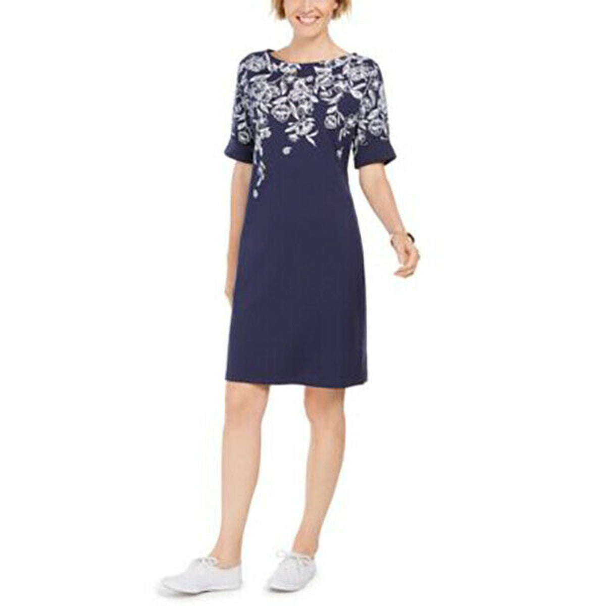 Karen Scott Summer Floral Boat-Neck Mini Dress Half Sleeve Blue Small NEW casual