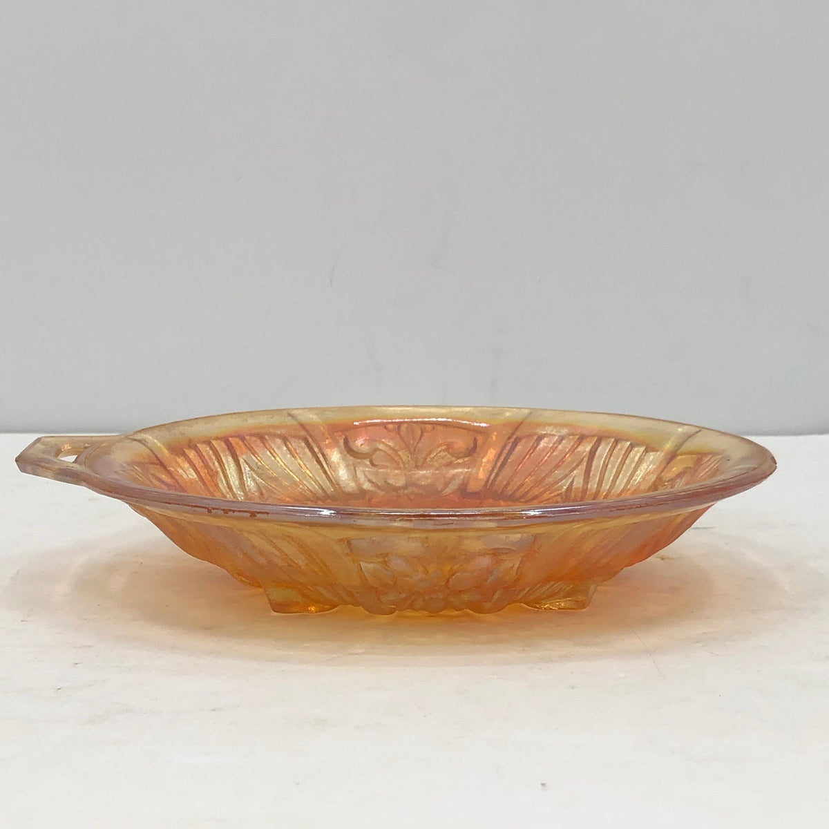 Vintage Iridescent Marigold Carnival Glass Divided Candy Nut Dish Open Handle