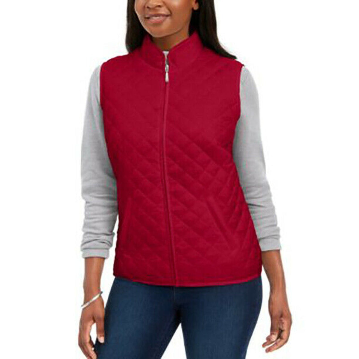 Karen Scott Women's Quilted Puffer Vest Mock-Neck Slant Pocket Solid Red XS