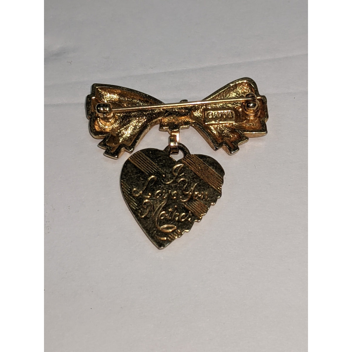 Vintage Avon Mother's Day Heart Bow Brooch I Love You Mother Engraved