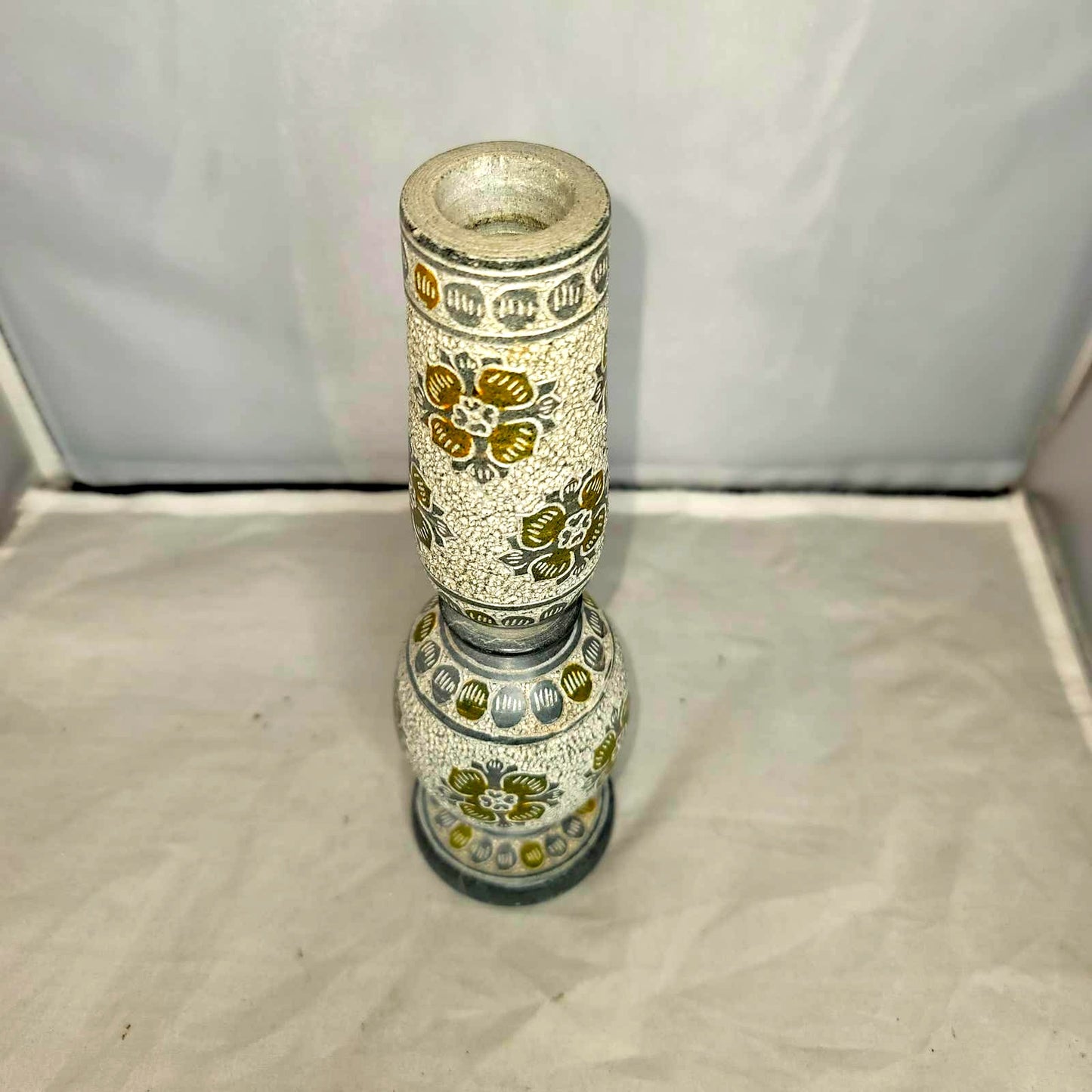Etched taper Marble candlestick candle holder gray floral geometric heavy 9"
