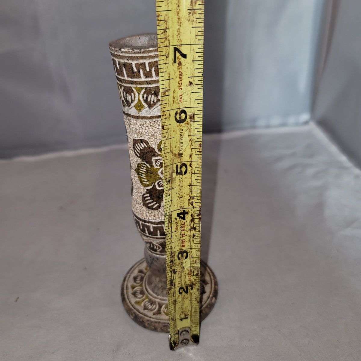 Vintage Candlestick Holder Marble Mexican Etched Floral geometric Neutral 7"