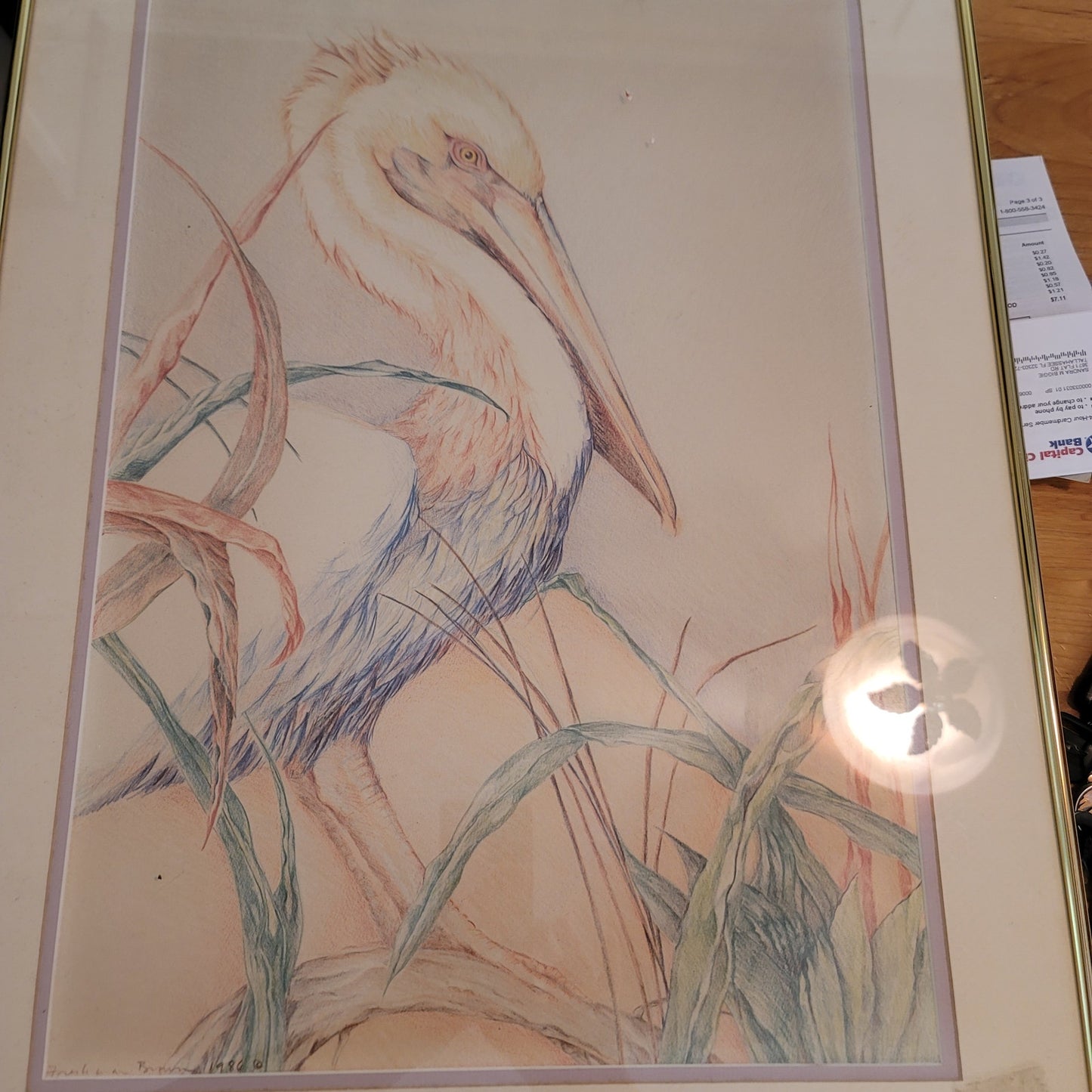 Original Louise Freshman Brown 1986 Framed Glass Blue heron / pelican pencil Art