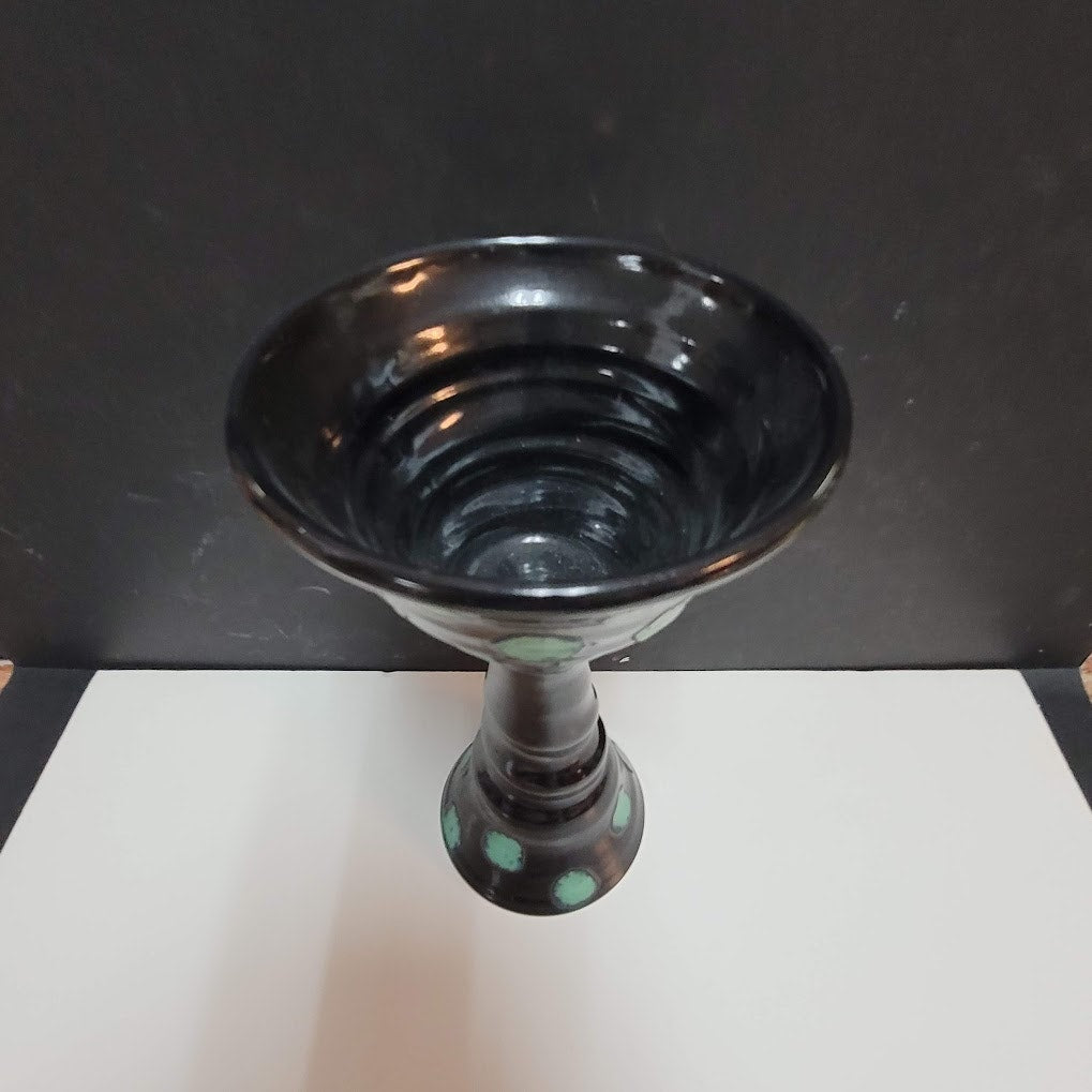 Art Pottery Challis Tall black spotted Artist Signed goblet cup tall blue WHIMSY