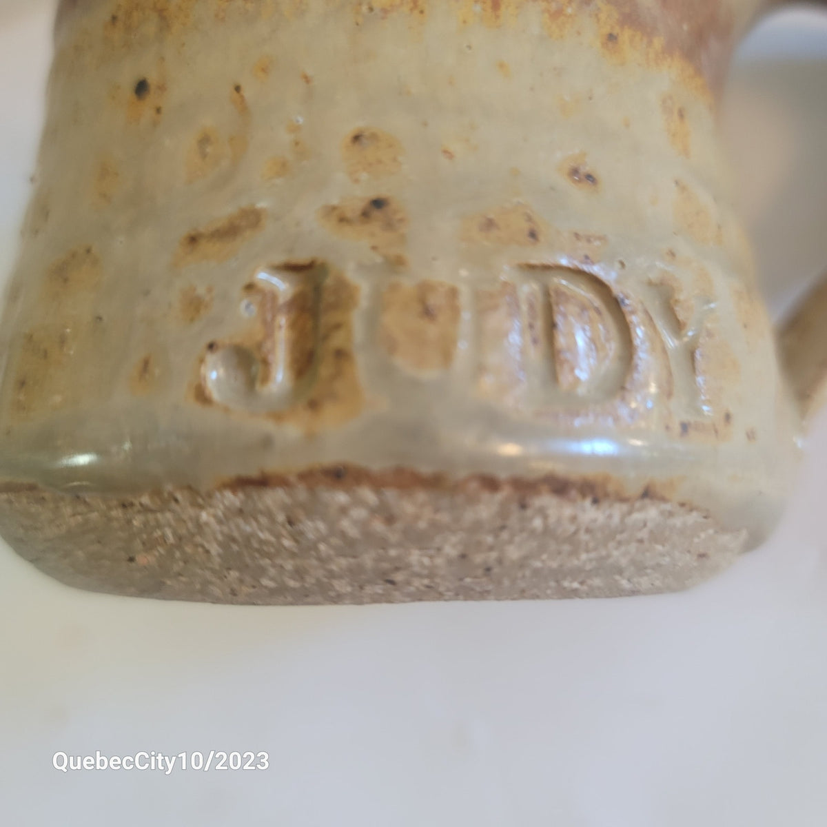 Art pottery mug cream stoneware handmade stamped JUDY