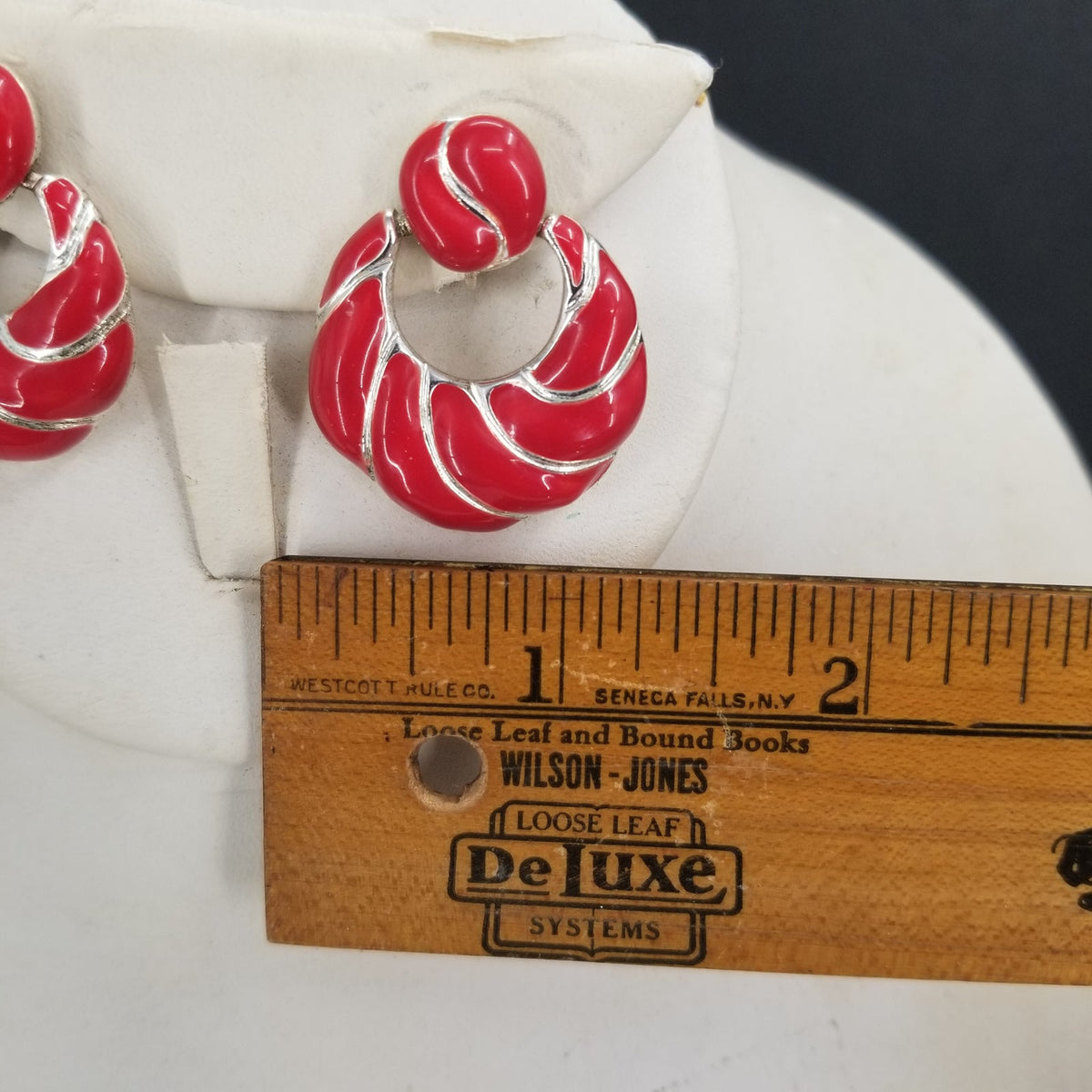 Vintage Red Sectioned Enamel Dangle Clip On Earrings Costume Jewelry