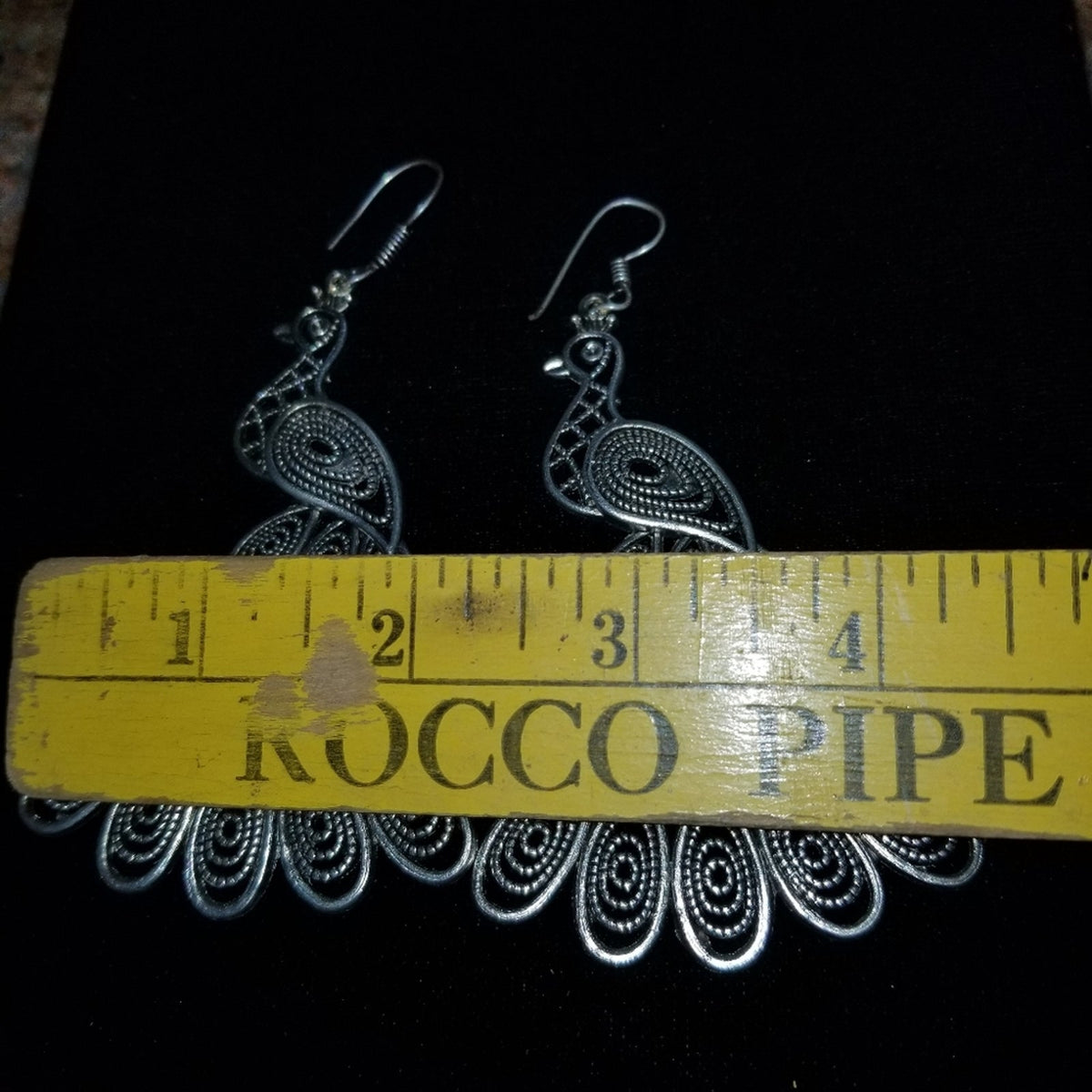 Silvertone Reticulated Peacock Birds Earrings pierced NEW Loop Hooks