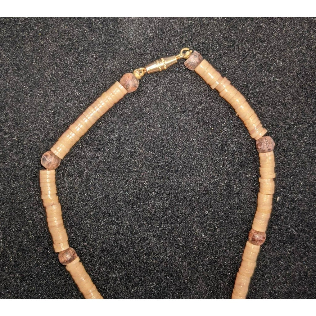 Vintage Moroccan Style Red Glass Wood Shell Metal Beaded Necklace 14"