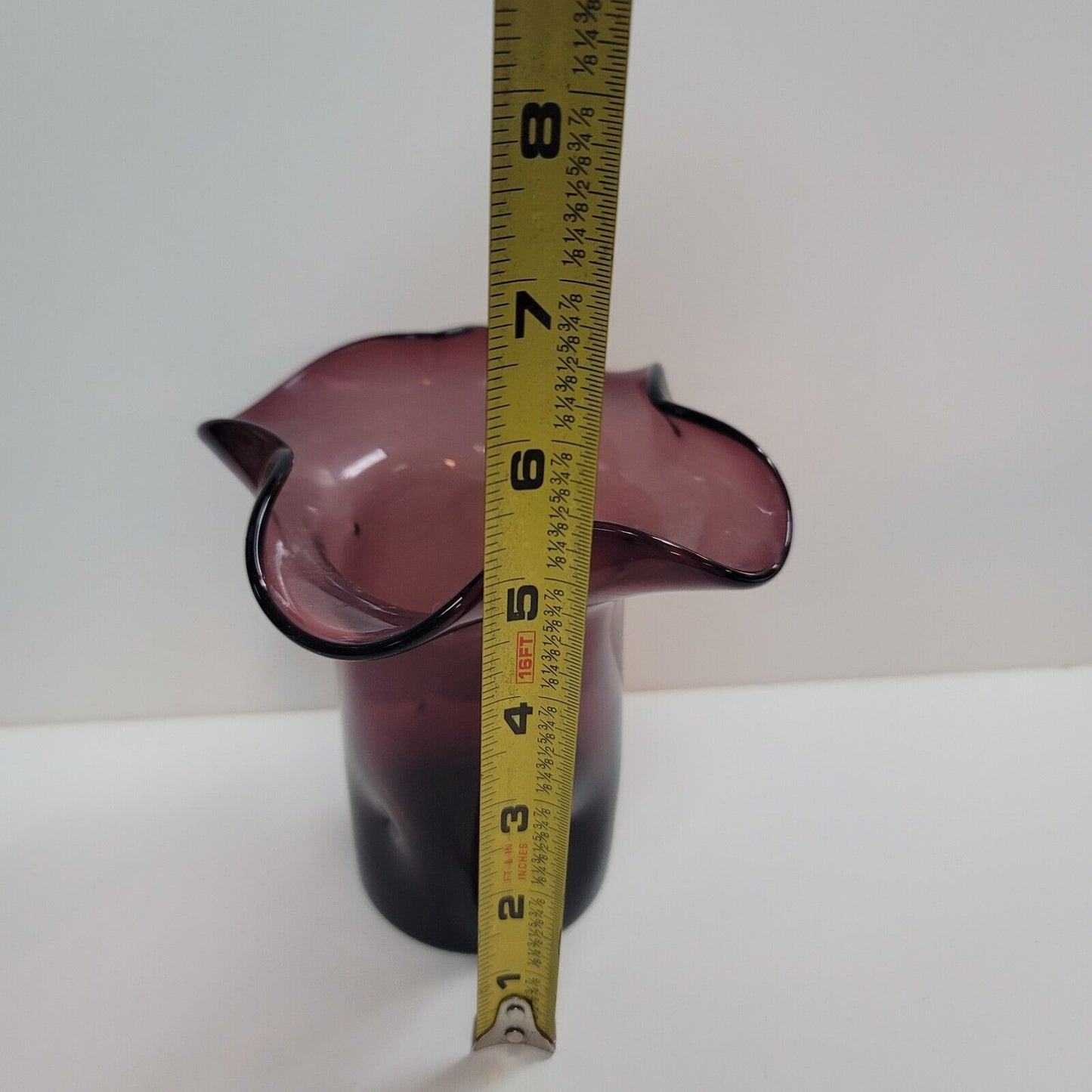 VTG BISCHOFF #512 Amethyst Pinched Flare Ruffled Thumbprint Handblown Glass Vase