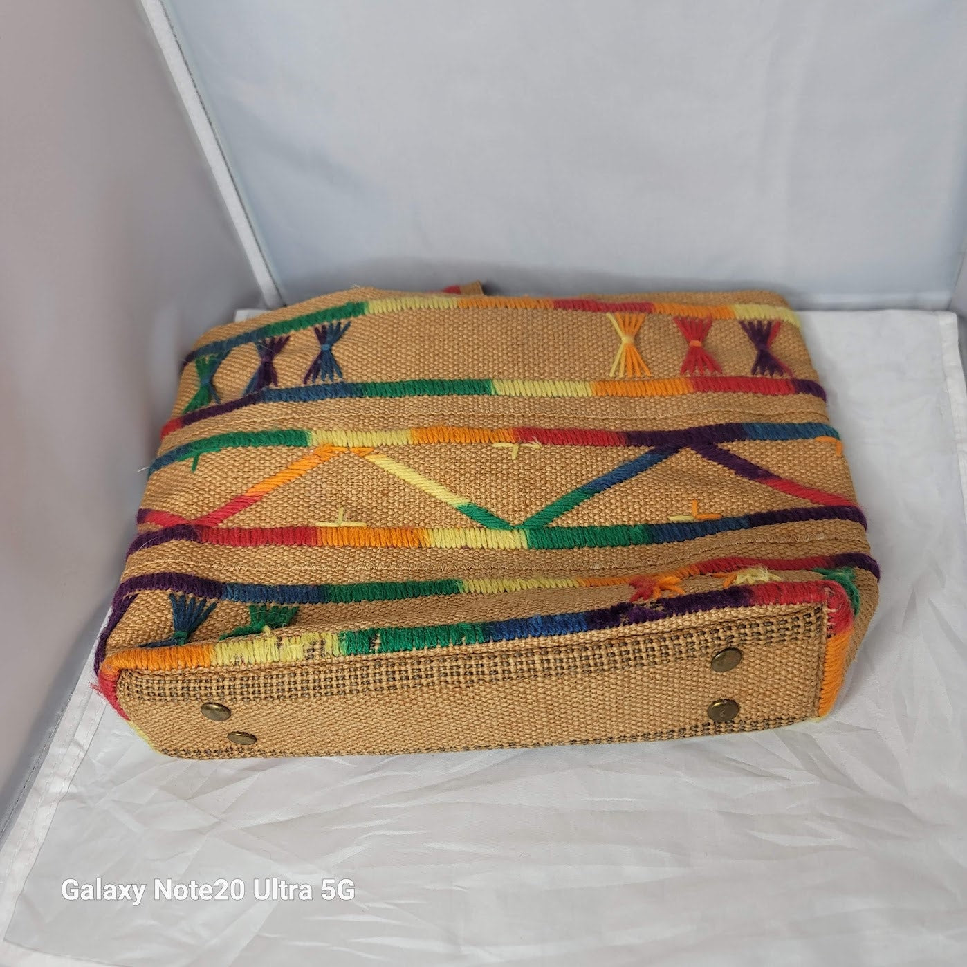 Vtg rainbow BOHO TOTE BEACH HIPPIE BAG WOOD & BURLAP EMBROIDERy purse top handle