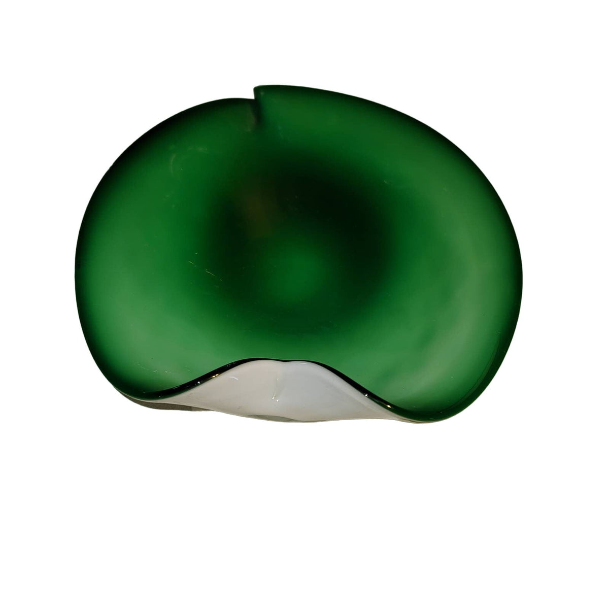 Murano Swirl Quilted Glass Bowl Green Mid Century Small 7 in Cased White