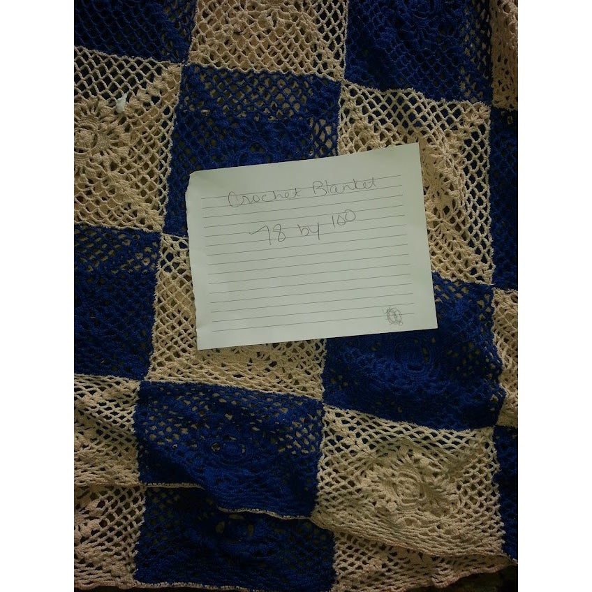 Vintage Blanket Crochet Coverlet Bedspread DAMAGED Queen Blue Cream