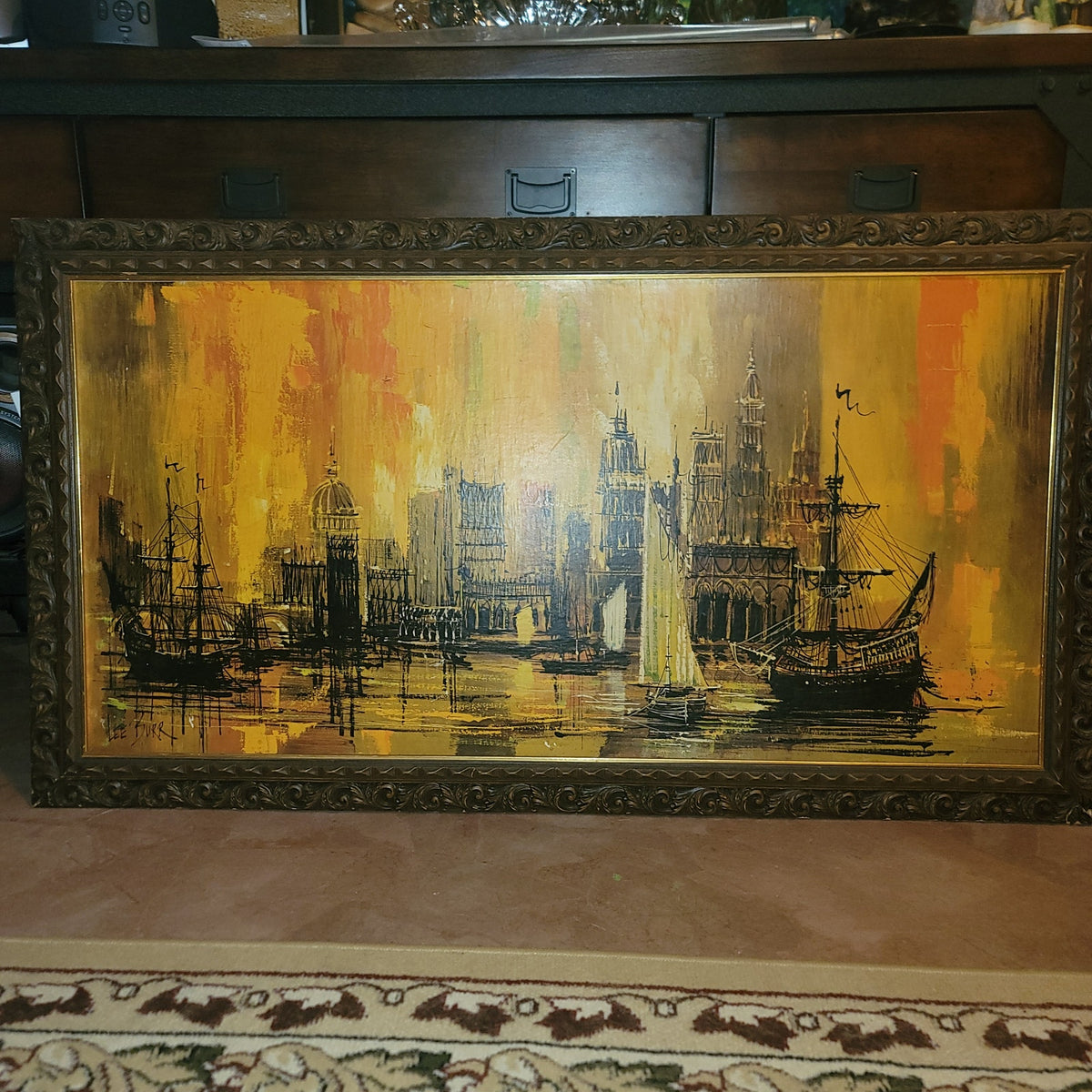 Mid-Century Lee Burr Vanguard Studios Cityscape Venice Harbor LARGE 48" X 24"