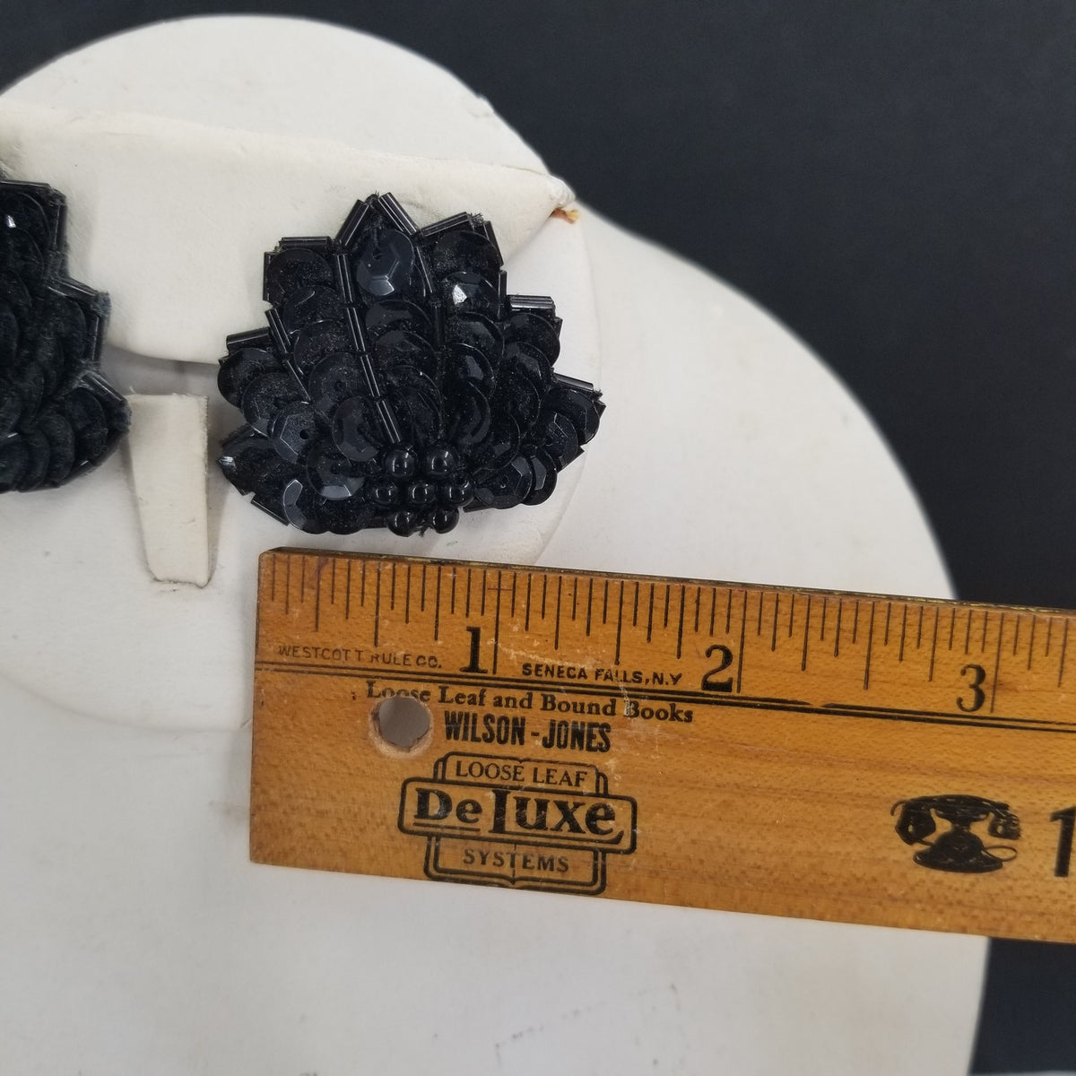Vintage Black Fabric Sequins Beaded Post Earrings Costume Jewelry