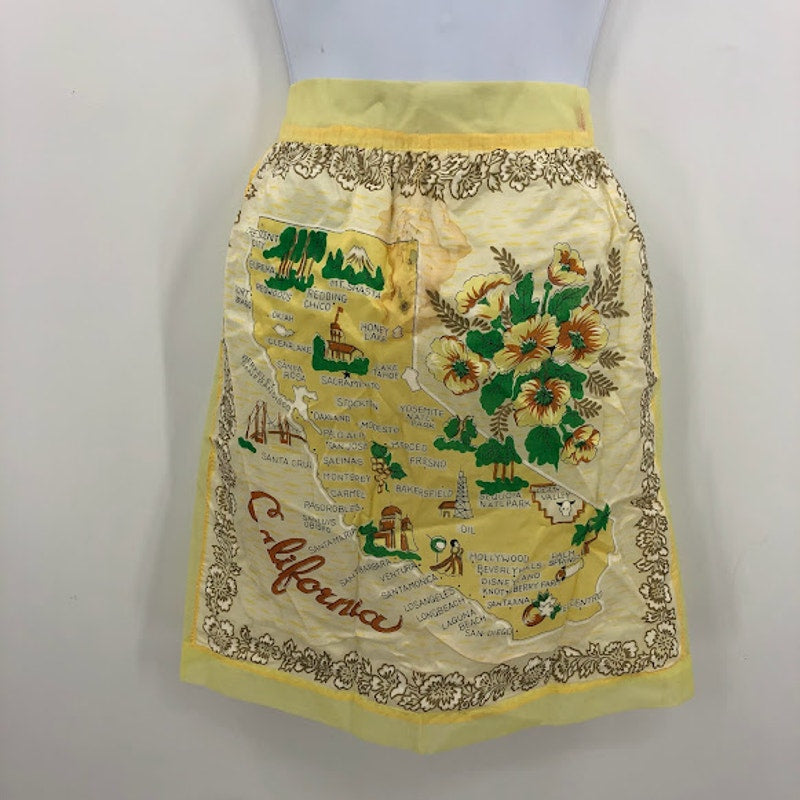 P. Shuman Co. Japan Rayon VINTAGE yellow California Map Sheer Apron 1950s