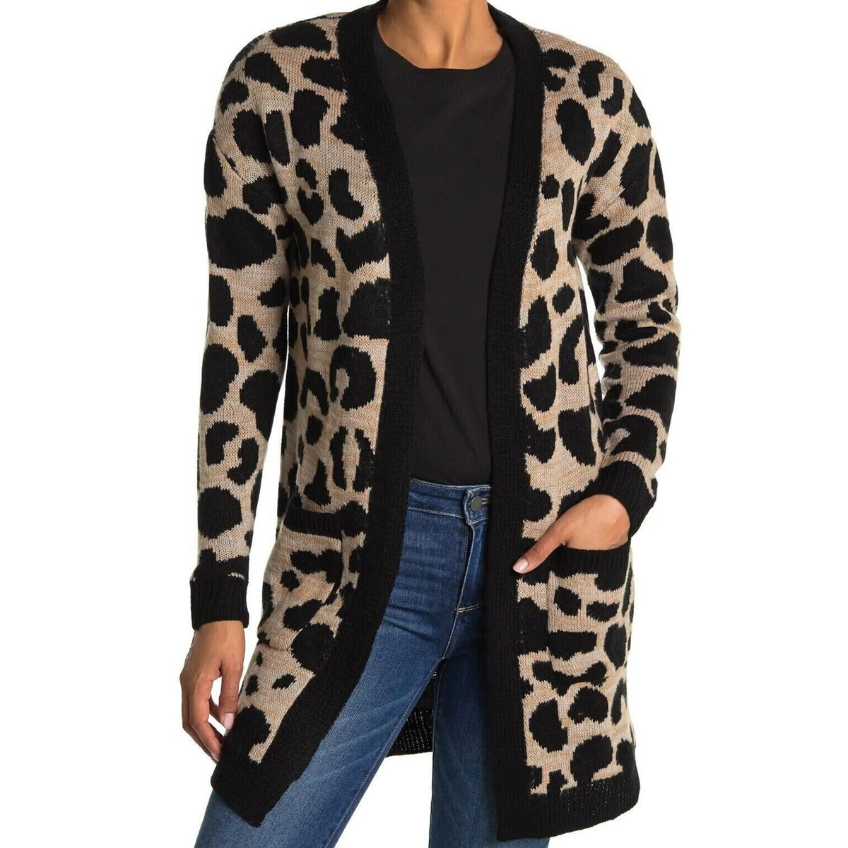 Ceny Black & Oatmeal Open Front Cardigan Small NWT Animal Print Leopard Sweater