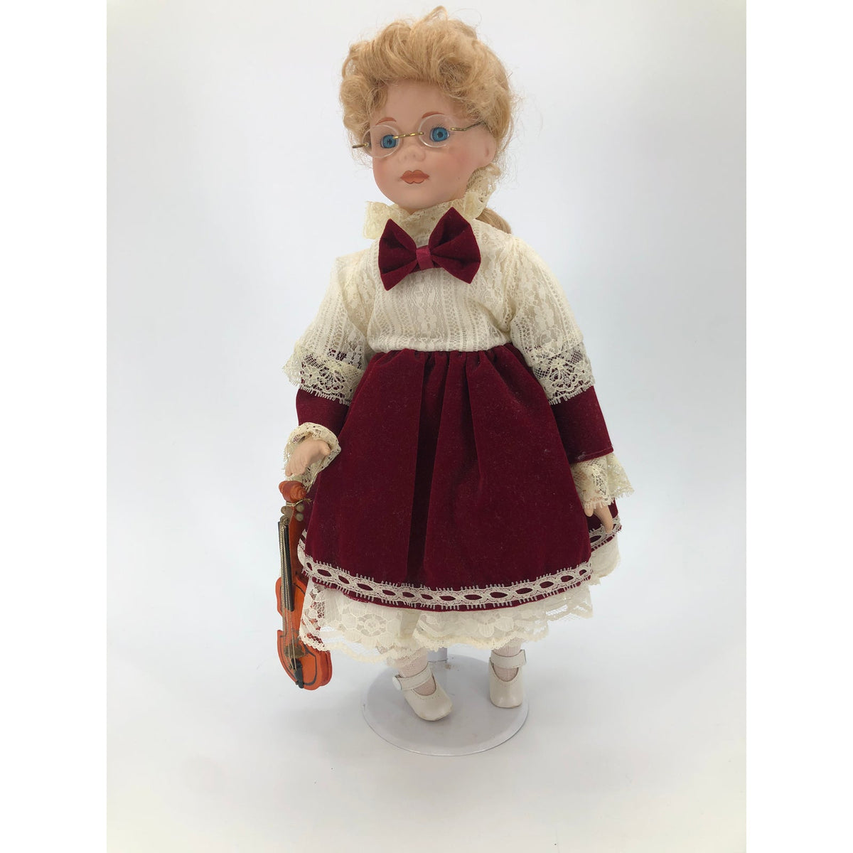 Vintage Violin Girl Doll White Petticoat Velvet Red Skirt