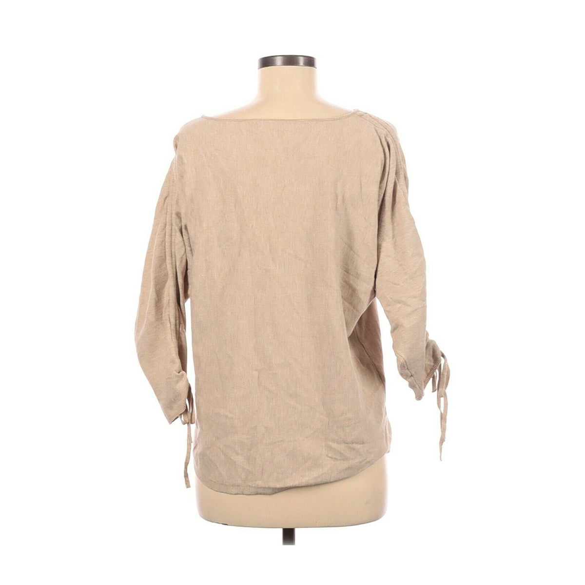 Max Studio Boho Pullover Knit Top Sweater Scoop Neck Tan Gathered 3/4 Sleeve Medium