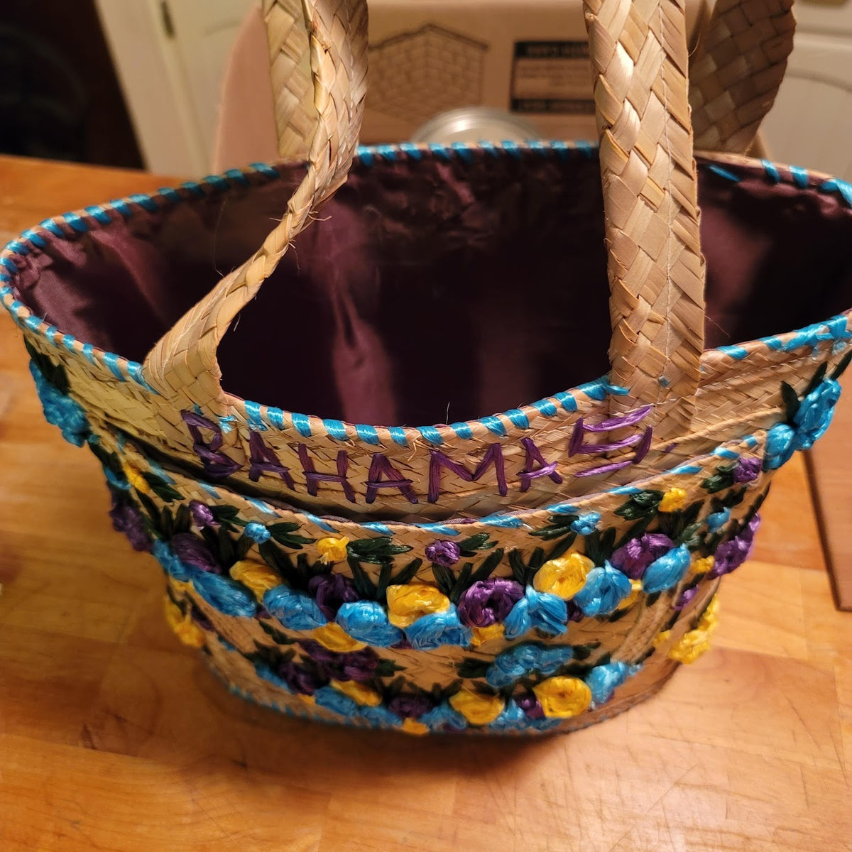 Vintage Bahamas Floral Straw Tote Bag Embroidered Raffia Top Handle Purse
