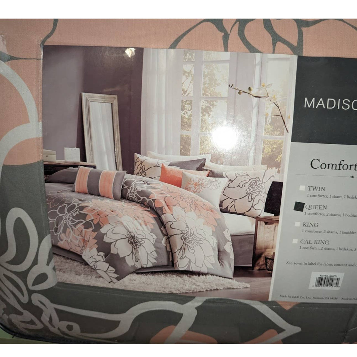 Madison Park Lola Queen Comforter shams skirt pillows Set Grey/Pink/White NEW