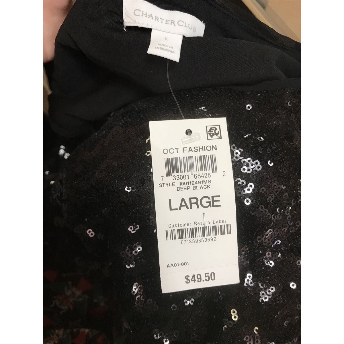 NEW Womens Charter Club Sequined Tank Top Sleeveless Round Neck Deep Black Large