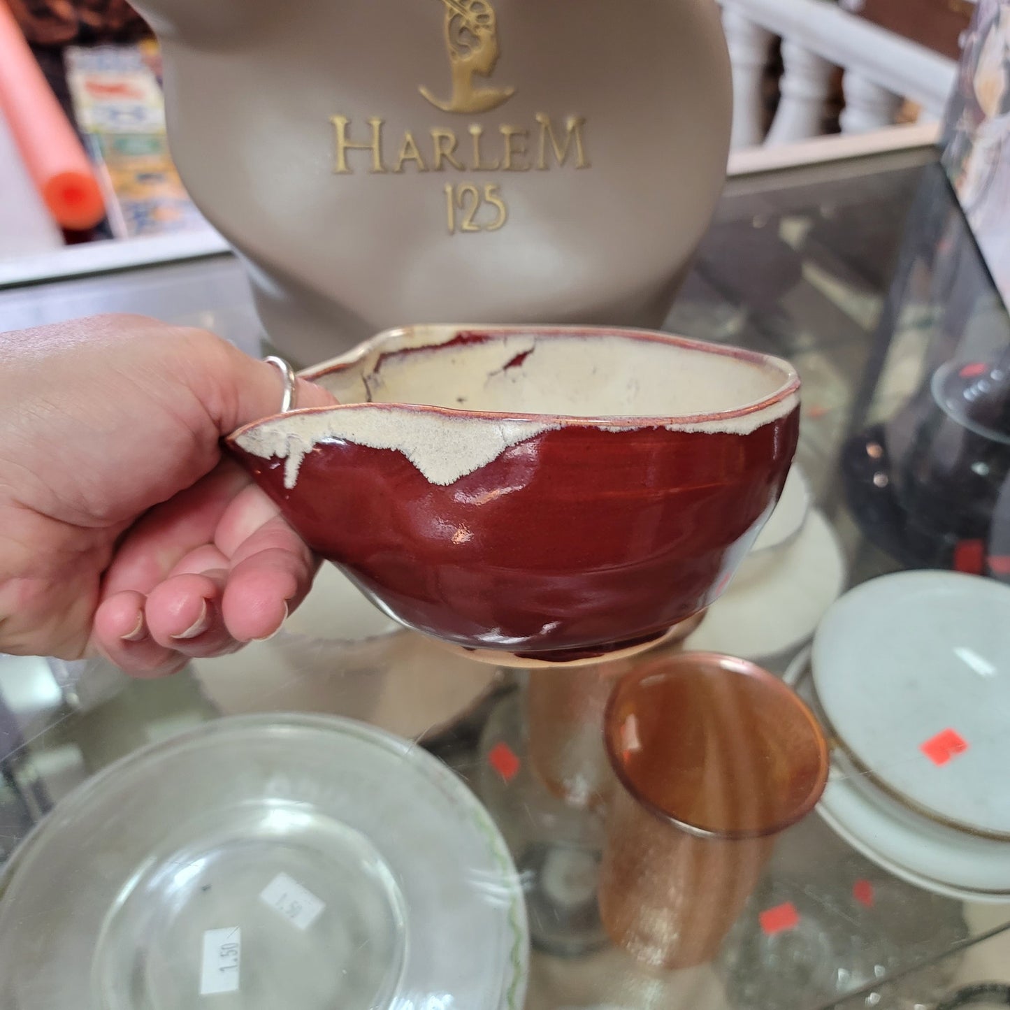 Handmade art pottery bowl scoop Burgundy Cream