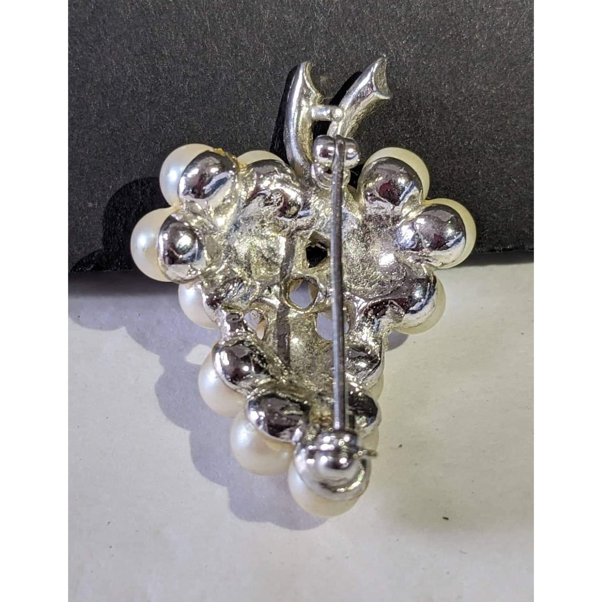 Vintage Grapevine Bunch Faux Pearls Pin Silvertone Rhinestones Brooch