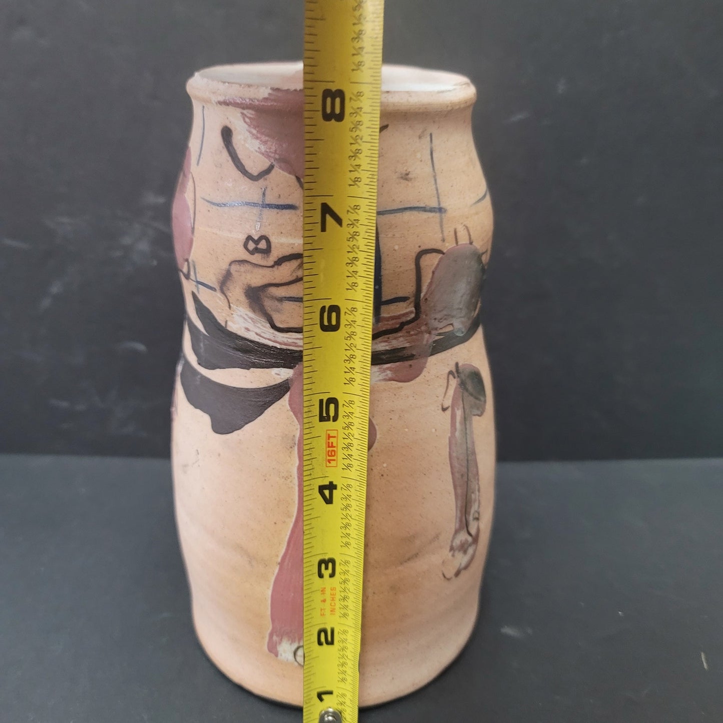 Handmade Studio Pottery Vase 8" textured Abstact Painting Muted Tones Glazed