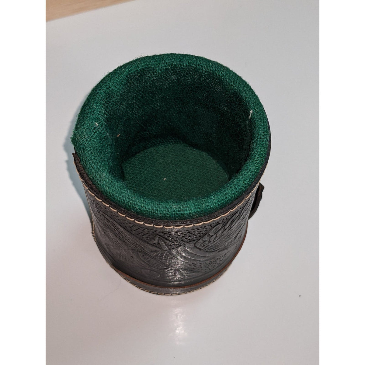 Vintage travel Game Dice Cup Leather Carved Brown Green Lining w Casino Die