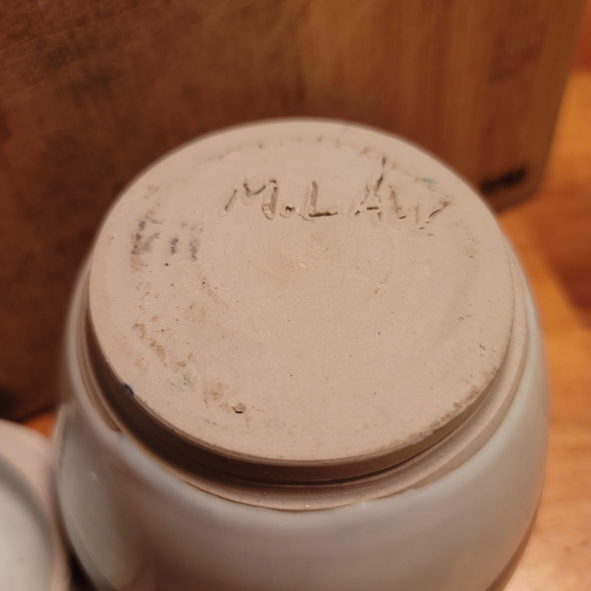 M. Law art pottery lidded jar clay Signed Studio blue Cream Apothecary Stash